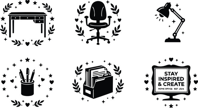 Office desk chair lamp pen holder folder and inspirational quote