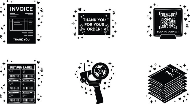 Black and white invoice thank you label return label tape dispenser and mail stack vector art