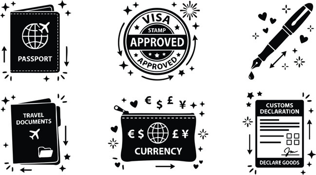 Black and white icons passport visa currency and customs declaration vector art