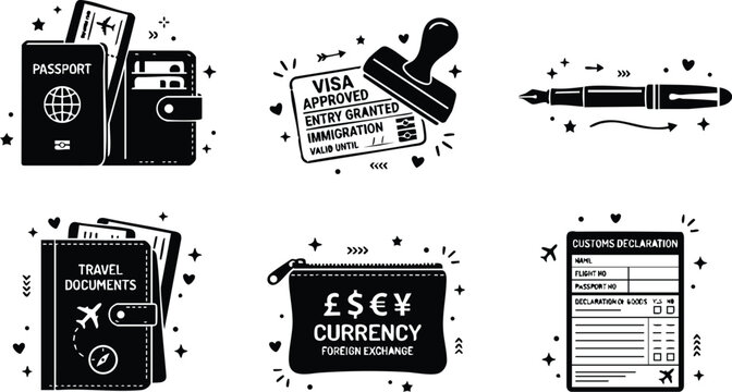 Black and white vector travel documents passport visa currency customs declaration set