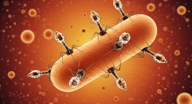 Artistic depiction of a bacterium being attacked by bacteriophages in a colorful environment