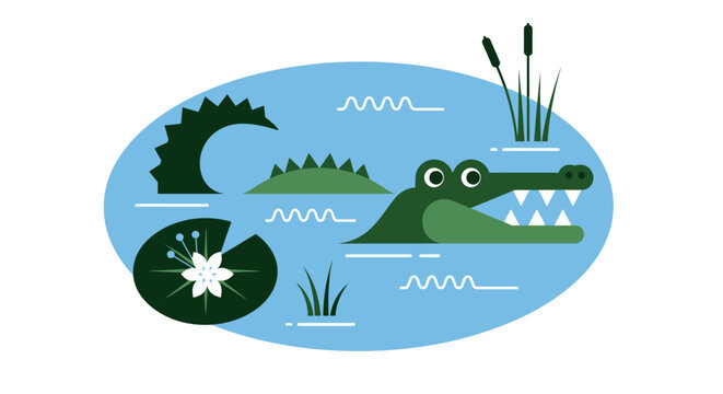 Minimalist Flat Vector Illustration of a Crocodile in a Swamp Pond with Water Lily and Reeds