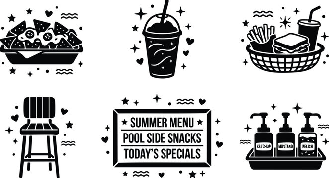 Black and white summer menu pool side snacks todays specials with food and drink vector art