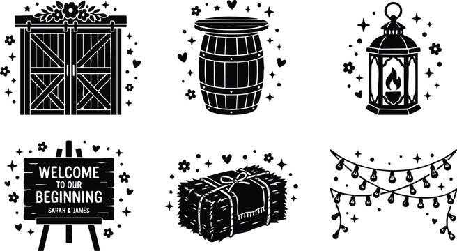 Black and white rustic barn door barrel lantern welcome sign hay bale and string lights vector art