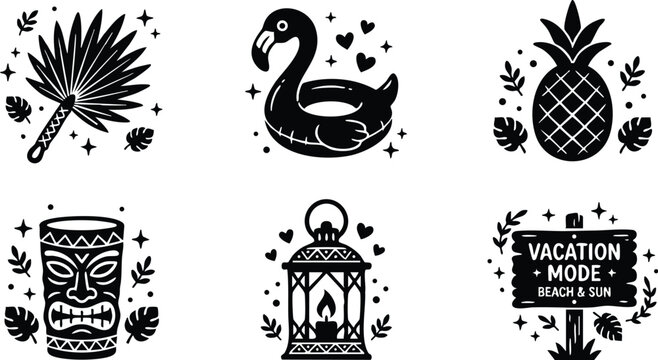 Black and white tiki mask pineapple flamingo and vacation mode beach sun icons
