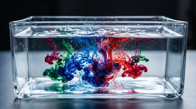 Vibrant red, blue, and green ink diffusing in clear water within a rectangular glass container, showcasing fluid dynamics and color mixing.
