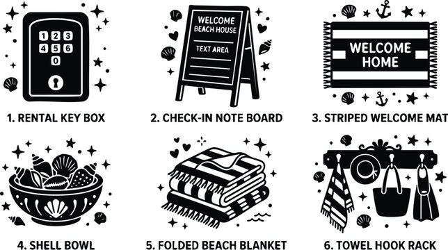 Black and white rental key box checkin note board striped welcome mat shell bowl folded beach blanket and towel hook rack icons