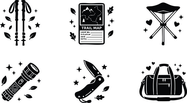 Black hiking gear icons with stars and leaves vector art