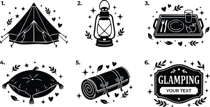 Black and white camping essentials tent lantern food tray pillow rolled blanket and glamping badge vector art