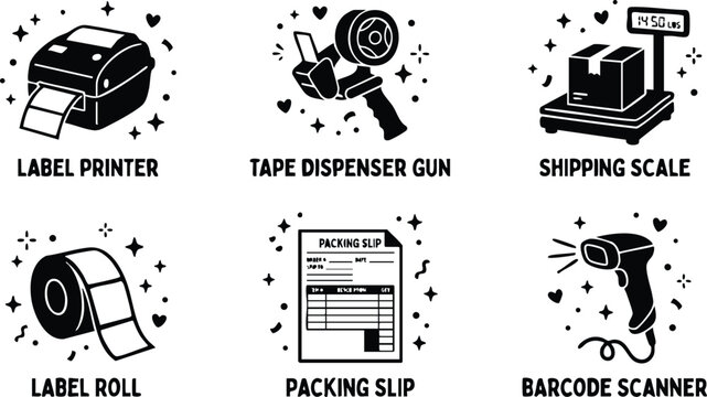 Black and white shipping equipment with label printer tape dispenser gun and barcode scanner vector art