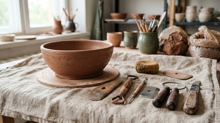Fototapeta premium A rustic pottery workshop scene with a large clay bowl and various sculpting tools on a linen-covered table.