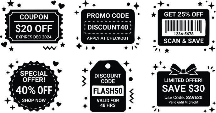 Black and white discount coupon and promo code icons set with text and decorative elements
