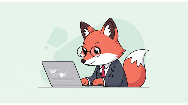Cartoon Fox Working on Laptop.