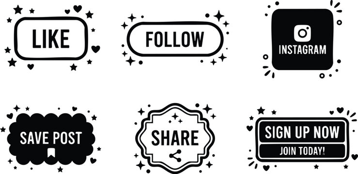 Black and white social media follow like share save post and sign up now buttons vector art