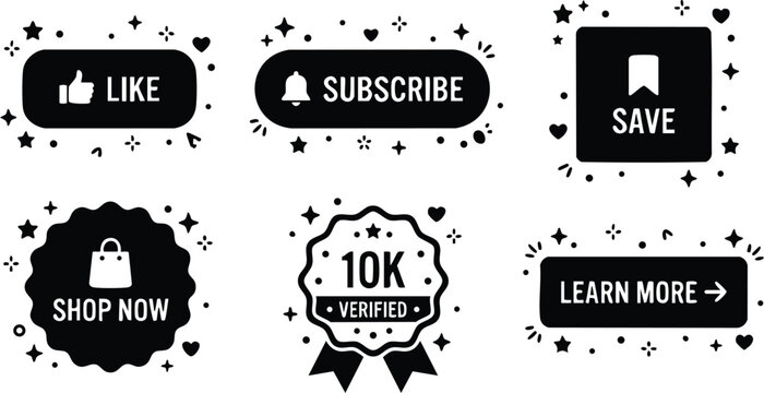 Black and white social media buttons like subscribe save shop now 10k verified learn more