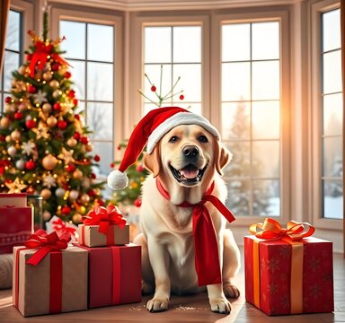 Happy Labrador Retriever Wearing Santa Hat with Christmas Gifts