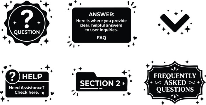 Black and white frequently asked questions and help icons vector art set