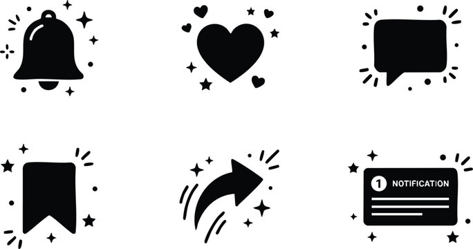 Black notification bell heart chat bookmark share message icons vector art