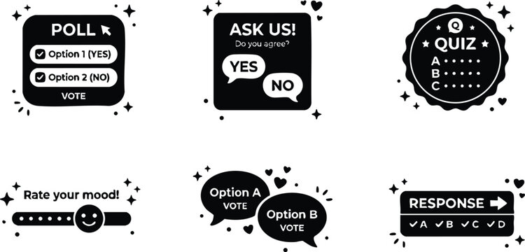 Black and white voting icons set with poll quiz and response speech bubbles