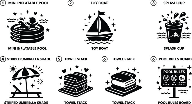 Black and white icons of mini inflatable pool toy boat splash cup umbrella and towel stack with pool rules board