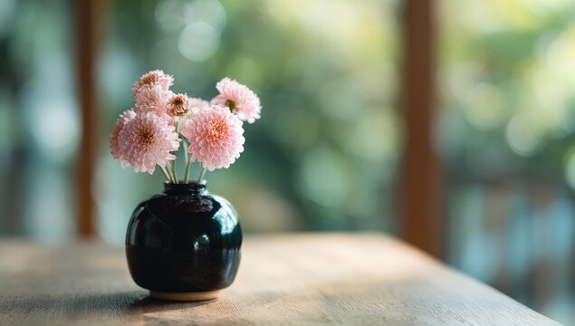 Delicate pink flowers in small dark vase on wooden table