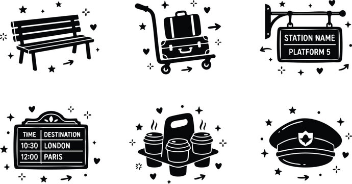 Black and white vector art train station sign bench hat luggage coffee cups