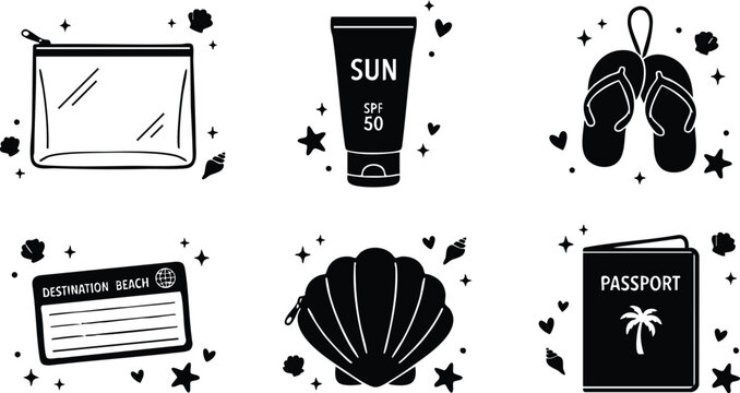 Black and white travel essentials set with sunscreen passport shell flip flops and destination card