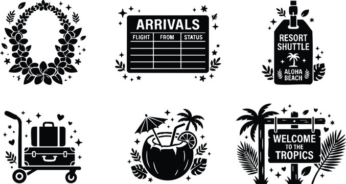 Black and white tropical arrivals sign luggage cart coconut cocktail and welcome to tropics board vector art