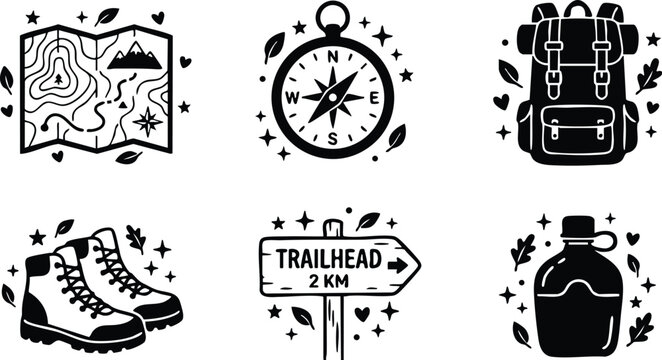 Black and white hiking icons with map compass backpack boots trailhead sign and water bottle