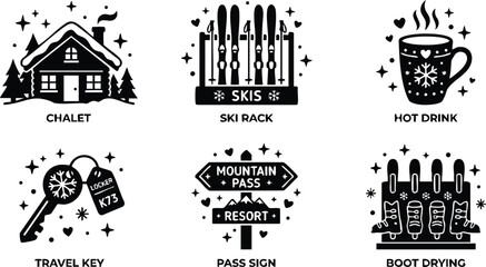 Obraz premium Black and white chalet ski rack hot drink travel key mountain pass sign boot drying vector line art