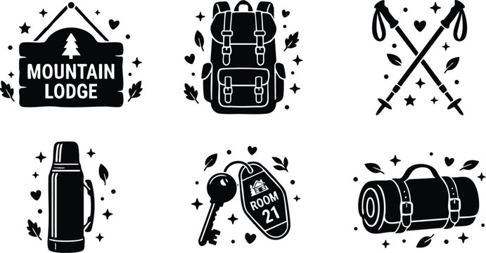Black and white mountain lodge sign and camping gear vector art with backpack trekking poles thermos and room 21 key