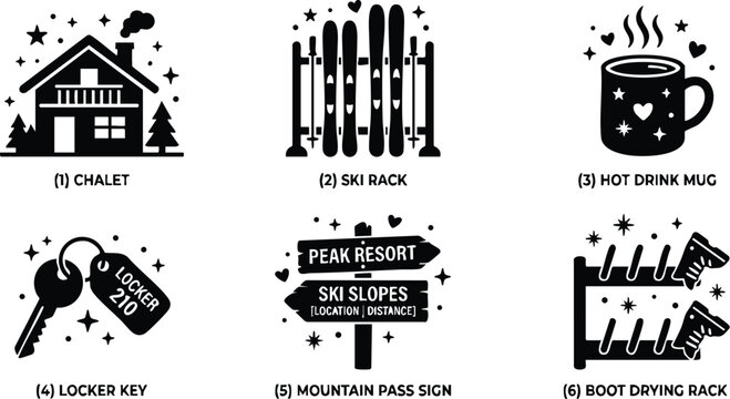 Black and white chalet ski rack hot drink mug locker key mountain pass sign boot drying rack line art