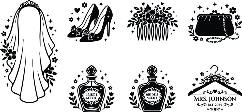Black and white bridal veil shoes floral comb purse bride scent perfume and personalized hanger illustration