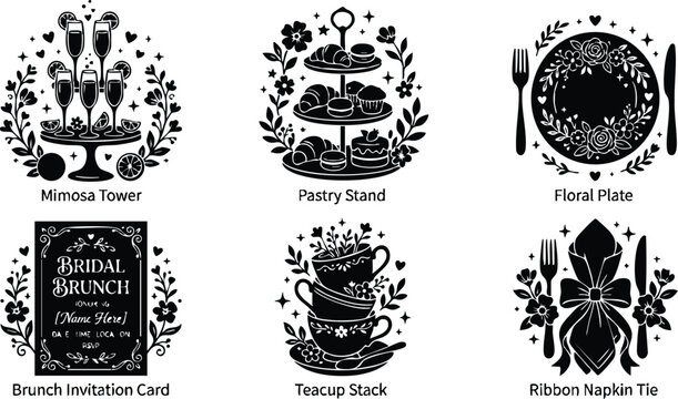 Black and white bridal brunch mimosa tower pastry stand floral plate and teacup stack with ribbon napkin tie