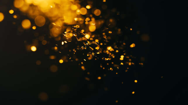 Golden confetti frozen in motion against dark background, celebrating energy and sparkle.