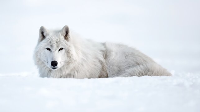 White Wolf Resting in Fresh Snow with Serene Winter Landscape