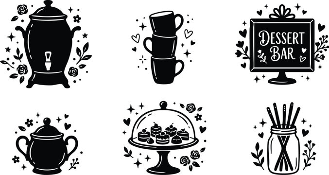 Black and white dessert bar set with teapot cake stand and cups vector art