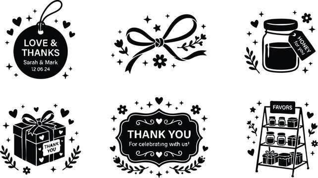 Black and white thank you gift tags with hearts flowers and jar honey favors set
