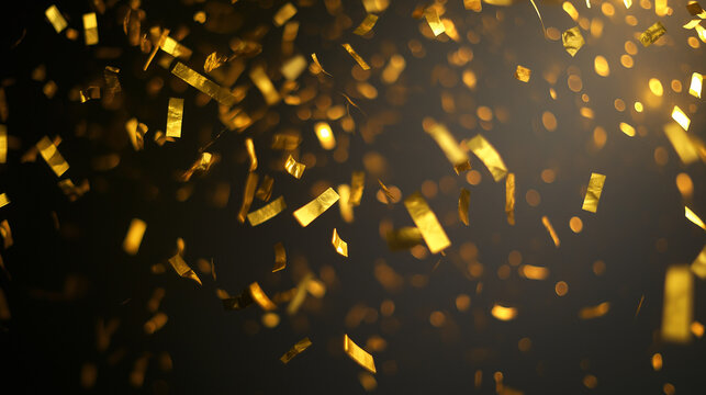Golden confetti frozen in motion against dark background, celebrating energy and sparkle.