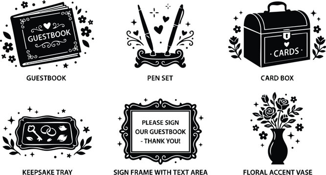 Black and white guestbook pen set card box and floral vase vector art