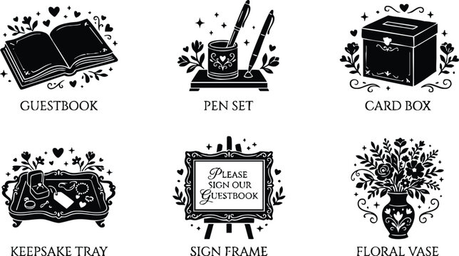 Black and white floral vase pen set guestbook sign frame card box keepsake tray icons