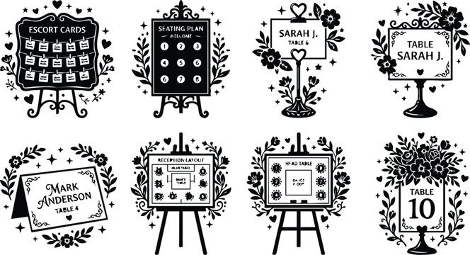 Black and white floral escort cards seating plan and table name signs vector art