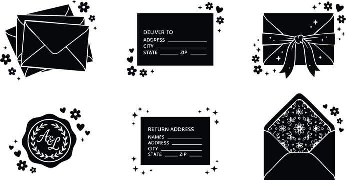 Black and white floral decorated envelopes and address labels vector set