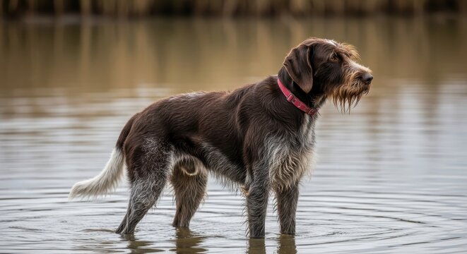 German Wirehaired Pointer Standing in Calm Water.