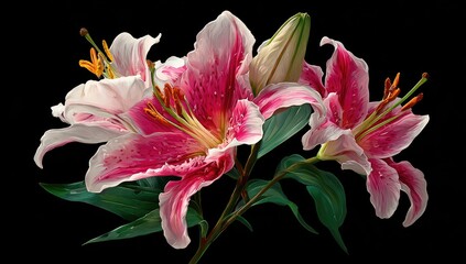 Close-up of vibrant pink and white lilies against black background