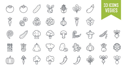 Fototapeta premium Set of 33 Vegetable Line Icons - Minimalist Vector Collection for Organic Food, Healthy Eating, Garden Produce, and Culinary Design