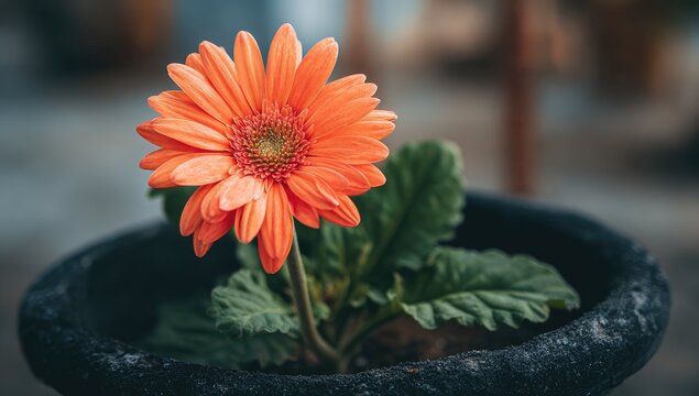 Single vibrant orange gerbera daisy in dark pot