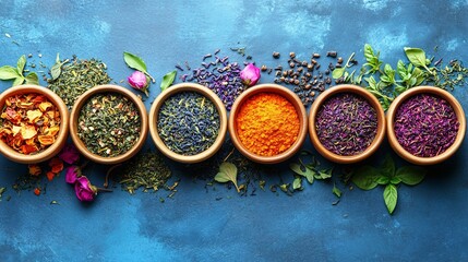 A vibrant display of colorful herbs and spices in small bowls, surrounded by loose ingredients and flowers on a blue background, showcasing natural ingredients for culinary or wellness use.