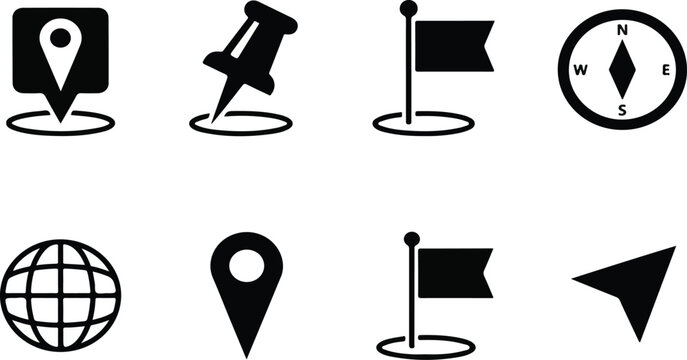 set of black and white icons Map, pin, location icon illustration