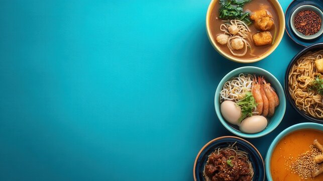 "Variety of Asian noodle dishes with diverse ingredients, showcasing traditional flavors and culinary richness."